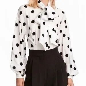 H&M White Blouse with Black Polka Dots and A PussybowTie Neck
